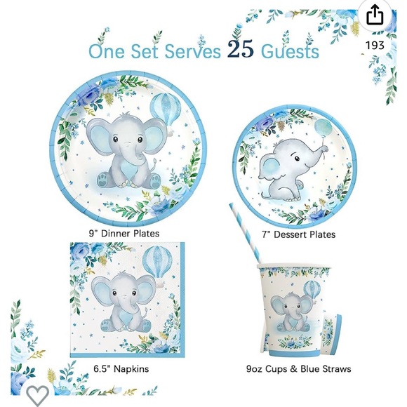 Baby Shower Decorations Paper Plates Set for 25 Guests, Blue Elephant  🩵 💙 - Picture 3 of 6